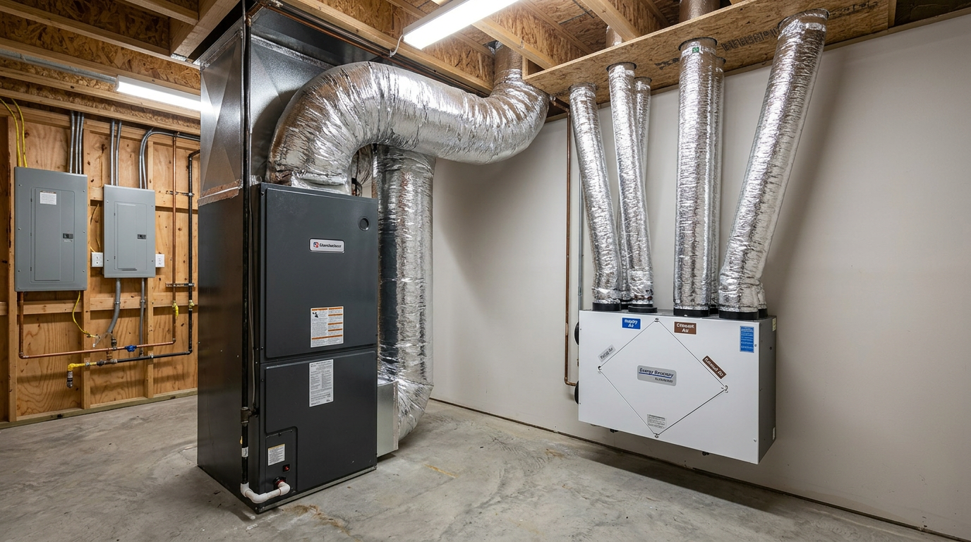 HVAC equipment — air handler and ductwork in a mechanical room, showing the complexity of a properly installed forced-air system