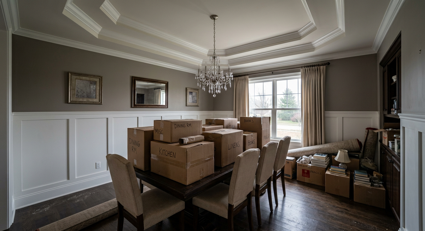 An empty formal dining room with a table set for guests — a room that looks good in photographs and goes unused most of the year